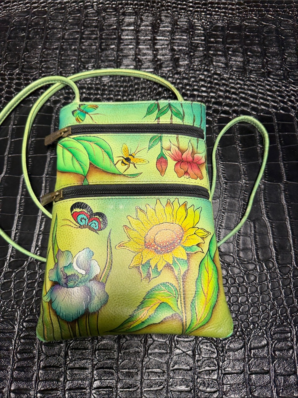 Anuschka Green Hand-Painted Floral & Butterfly Crossbody - Picture 2 of 16